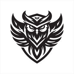 Stylized Owl Emblem with Geometric Feathers and ShieldShaped Chest.