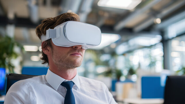Corporate employee wearing VR headset during virtual reality safety training in industrial office space, immersive workplace learning and modern HR technology