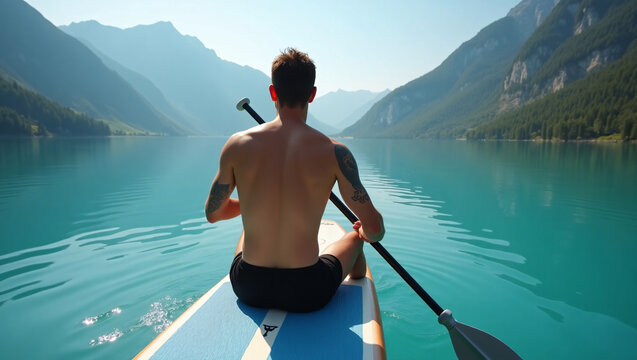 A shirtless man paddle boards on a turquoise lake, with mountains in the background. - Powered by Adobe
