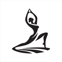 Stylized Yoga Silhouette Woman in Warrior Pose with Hands Raised.