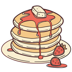 Stack of pancakes with syrup dripping, isolated on a clean background for breakfast food.