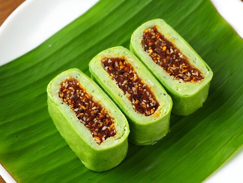 Delicious Dadar Gulung. Sweet Grated Coconut and Palm Sugar Filling.