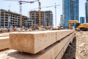 Naklejka premium Close-up of wooden beams at a construction site, with blurred buildings and cranes in the background, indicating ongoing construction work.