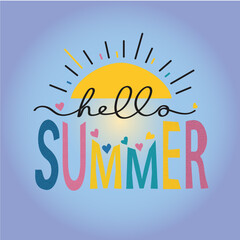 Hello Summer typography with sun illustration and bright colors  