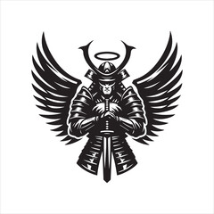 Winged Samurai Warrior with Halo Holding Katana in Black and White.