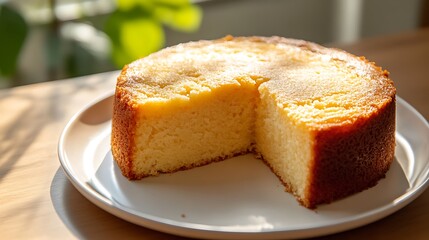 Sliced Sponge Cake on a White Plate with Natural Light