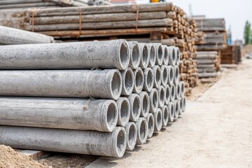 Stacked concrete pipes, wooden logs in background, at construction site, ready for installation.