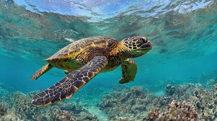 Obraz premium Hawaiian Green Sea Turtle Swimming in Clear Ocean with Coral Reef, Sunlight Filtering – Natural Underwater Scene for Marine Conservation & Travel