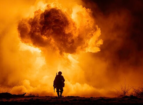 Silhouette of a soldier standing in front of a mushroom cloud from a nuclear explosion. Artwork decoration on a dark background. Selective focus, high-resolution photography, extremely detailed, black
