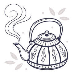 Steaming teapot with cozy kitchen vibe, isolated on a clean background for warm beverages.