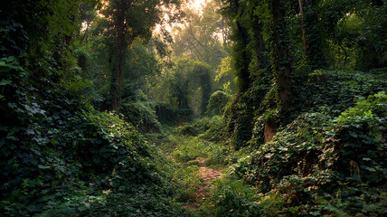 Mossy forgotten trail winding through ivy-covered woods at sunset light – beautiful image, nature view, real look