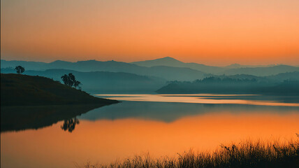 Orange Glow Across Mirror-Finish Lake as Thin Mist Rises in Layered Hills - beautiful image, nature view, real look