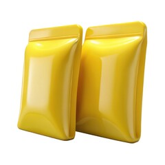 Two shiny yellow resealable pouches isolated on white background