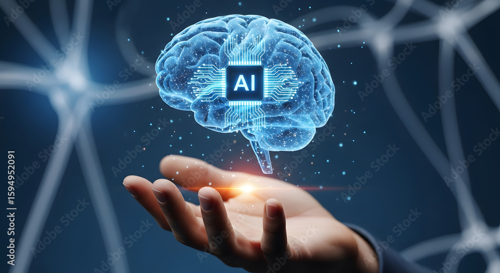 Poster a glowing brain with an ai chip is held in a hand, symbolizing artificial intelligence and neural ne