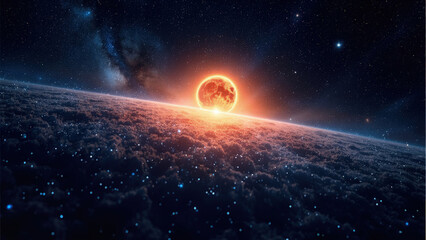 Fototapeta premium Celestial view of a red sun rising above a planet with cloud cover and a starry night sky