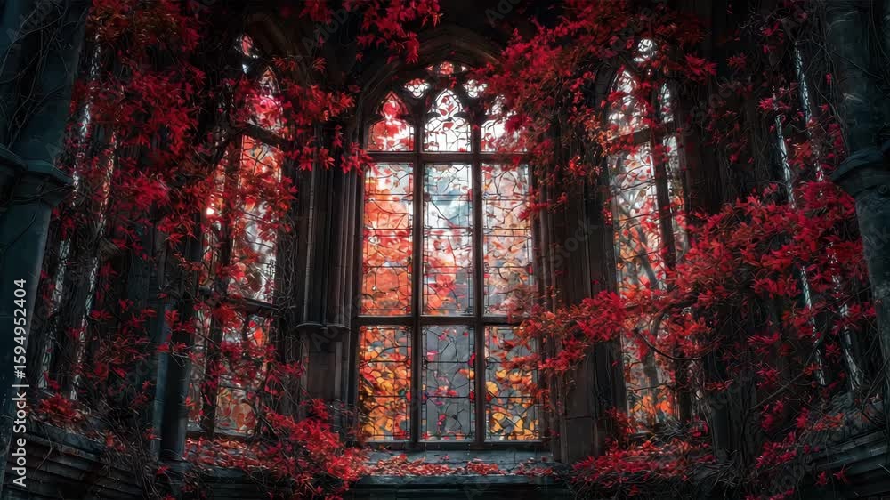 Poster gothic style window covered in red ivy vines set against aged stone architecture with more red folia