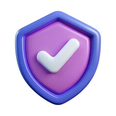 3d rendered purple shield with a white checkmark isolated on white background