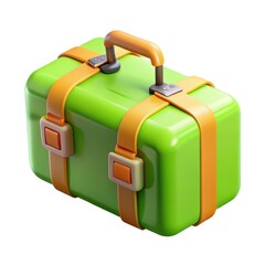 Bright green cartoon suitcase with orange straps isolated on white background
