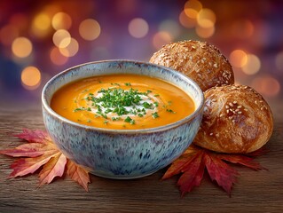 Warm homemade pumpkin soup with bread in rustic bowl on wooden table, cozy autumn meal with festive fall leaves, comforting seasonal food photography, elegant Thanksgiving setting in soft bokeh light.