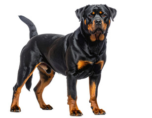 Obraz premium Alert Rottweiler Standing Guard with Intense Gaze, isolated on a transparent background”