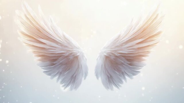 White angel wings are displayed against a soft light background, creating a peaceful and ethereal ambiance
