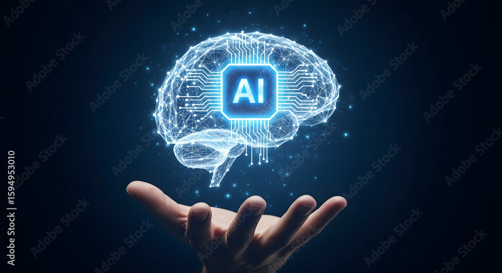 Aufkleber a digital brain with the ai symbol hovers above an open hand, symbolizing artificial intelligence.