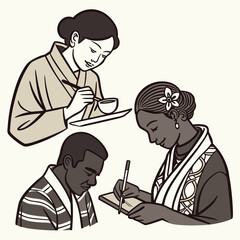 Three people of different ethnicities are engaged in various activities in a stylized design