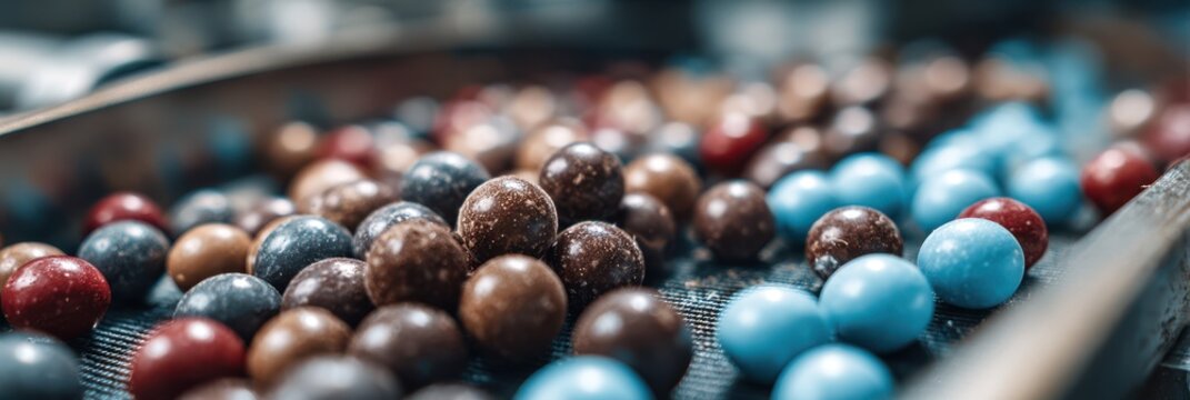 Colorful chocolate candies on a conveyor belt during candy production in a factory setting