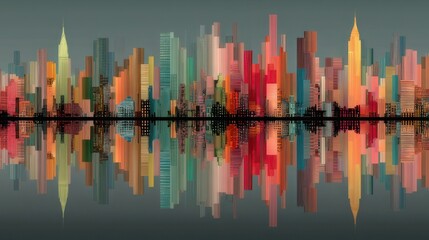 Fototapeta premium The image depicts a stylized, colorful cityscape reflected in water