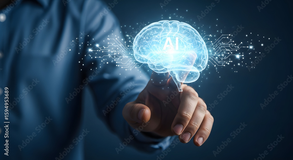 Poster person interacts with a glowing ai brain, representing artificial intelligence and technological adv
