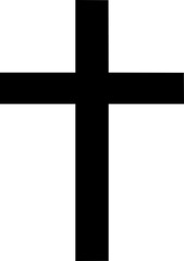 Black and white flat vector of a christian cross icon, minimal detail with clean spiritual outline.