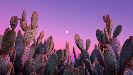 Sharp Cactus Forms at Dusk with Purple Sky and Moon Glow in Background - beautiful image, nature view, real look