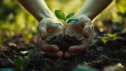 Hands gently holding a young green plant growing in fertile soil. A symbol of sustainability, environmental care, and new beginnings, perfect for eco-friendly, nature, and agricultural themes.