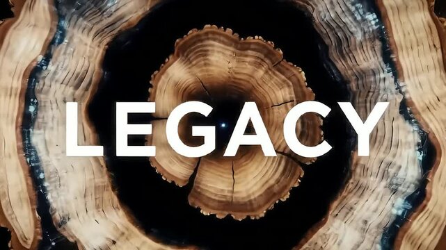 Wooden cross-sections, concentric rings, dark background, "Legacy" word overlaid,  showcasing time, history, growth, and life cycle