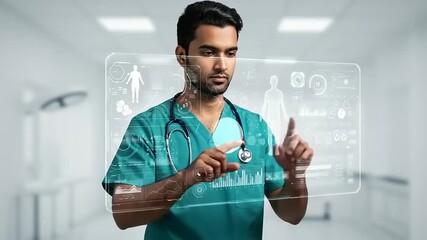 Focused doctor interacts with a futuristic digital interface displaying medical data examining records within a sterile hospital environment - Powered by Adobe