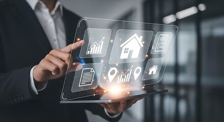 Businessperson interacting with a holographic display of real estate icons on a tablet.