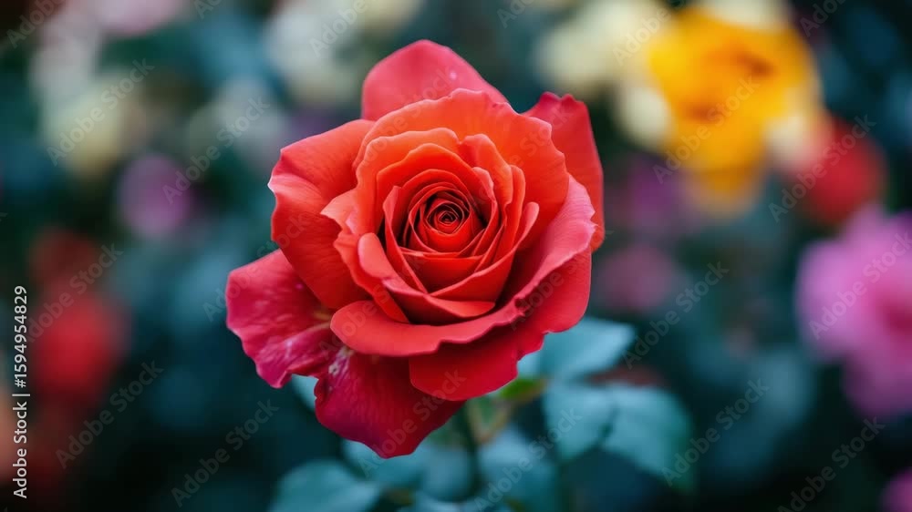 Poster close up shot presents a red rose in full bloom with visible petals and stem complemented by a blurr