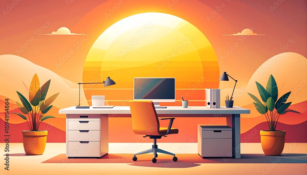 Poster futuristic minimalist workstation setup with glowing yellow sun backdrop and gradient lighting in mo