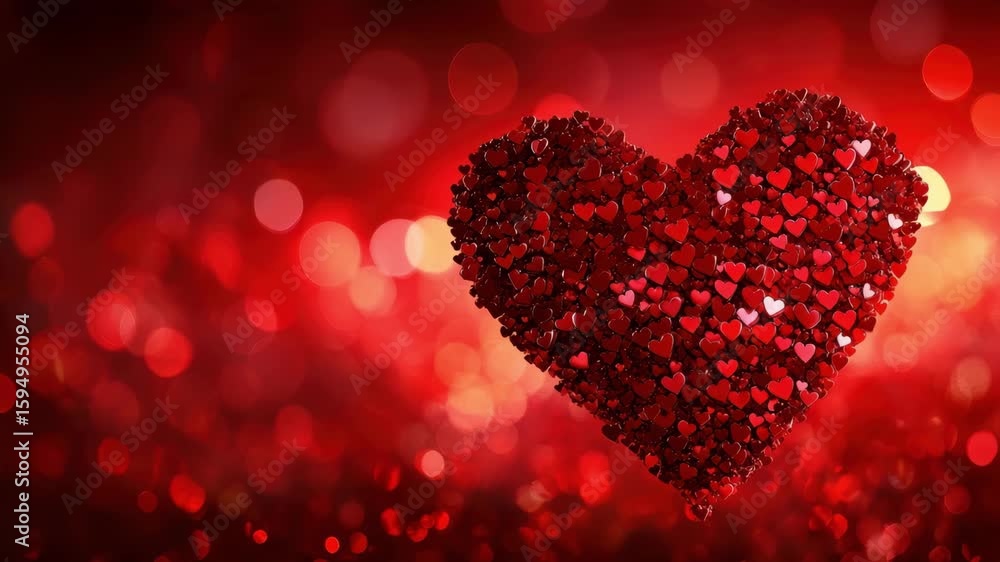 Poster large red heart composed of many smaller hearts against a red bokeh background