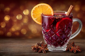 Traditional mulled wine for Christmas celebration, hot spiced drink with citrus, cinnamon, and star anise, aromatic seasonal event beverage with bokeh background.