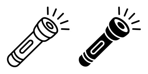 Flashlight Icon Set. Black and White Torch Light with Rays, Portable Lighting Equipment Vector Illustration for Outdoor and Emergency Designs