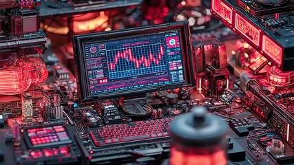 Futuristic Cybernetic Data Hub with Intricate Details and Stock Market Analysis Display - Powered by Adobe