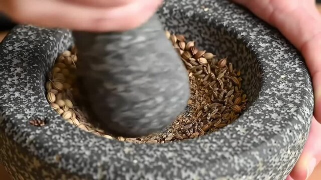 Grinding spices in a stone mortar and pestle
