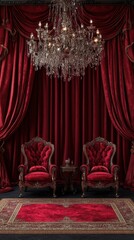 Luxurious red velvet seating arrangement with an elegant chandelier in a lavish interior setting