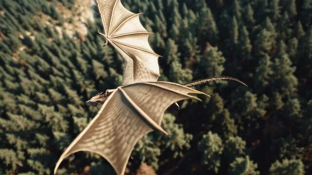 a gold dragon take flight fly over coniferous forest, magical creature