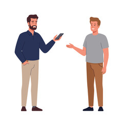 Two men talking and making recommendations while standing indoors, white background, isolated, vector 