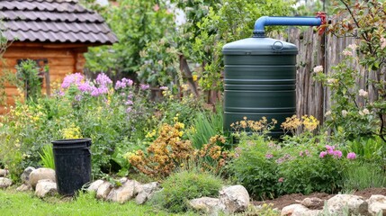 Naklejka premium Green sewage device near meadows with blue pipe and refuse container beside open manhole cover in nature setting