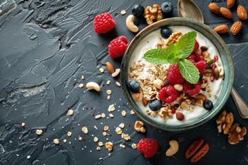 Keto Greek yogurt in rustic bowl with nut and seed topping, black moody background professional food photography, healthy ketogenic breakfast snack bowl
