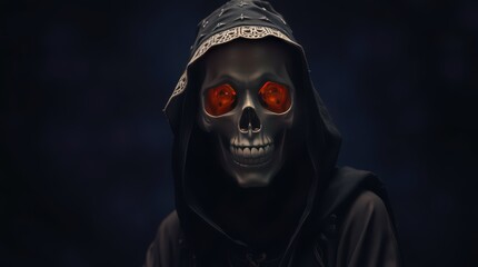 Grim reaper skull with glowing red eyes hooded figure halloween horror death concept art