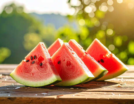Juicy Watermelon Slices on Rustic Wooden Table, Summer Picnic
